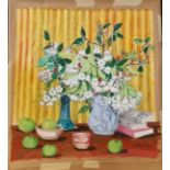 Unframed watercolour 'Early Blossom' Large painting of apples flowers and books. Signed Giltsoff.