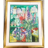 Framed watercolour of flowers, teacups and a house. Signed Giltsoff. 98cm x 122cm. Slight marks on