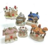 Qty of Staffordshire pottery houses inc moneyboxes, pastille burners etc - tallest 21cm high &