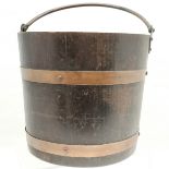 Antique coopered coal bucket with copper banding & handle - 31cm diameter x 28cm high & in used