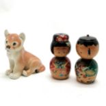 Lomonosov lion cub figurine t/w pair of Japanese wooden nodding head figures (10cm high)