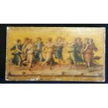 Italian classical scene of 9 muses with Apollo on wooden panel with retail label from G Serraglini -