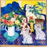 Large unframed Still life with Staffordshire dogs, 82 cm wide x 80 cm high. signed Giltsoff.
