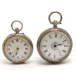 2 x antique silver cased fob watches - largest 36mm and both for spares / repairs