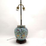 Chinese good quality cloisonne vase lamp on a turned wooden base - 64cm high with no obvious damage