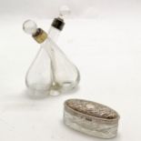 Silver mounted oil & vinegar bottle - 13cm high t/w embossed silver lidded cut glass jar ~ no