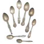 8 x USA sterling silver souvenir spoons inc totem pole & alligator - longest spoon 14cm & total 138g