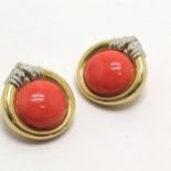 Pair of unmarked (tested as) 18ct yellow / white gold coral set clip-on earrings - 2cm diameter &
