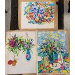3 unframed watercolour still life's, 1 with blue and white vases, 66 cm wide x 54 cm and 2 others
