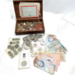 Qty of coins inc GB 8 x £5, 5 x £2, 1 x £1 etc t/w banknotes (inc Venezuela) & 1963 Iran stamps in
