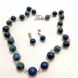 Pair of 9ct gold mounted blue stone bead earrings t/w matching necklace with white metal mounts (