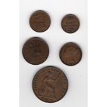 5 x GB coins - Victoria 1854 1d, 1861 ½d, 1858 ¼d, 1844 half farthing & George V 1936 ¼d