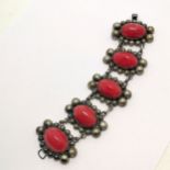Mexican silver marked wide (4.5cm) red stone set bracelet - 18cm long & 91g total weight
