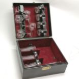 Asprey black leather travelling drinks case with associated glasses & compartments for 3 bottles -