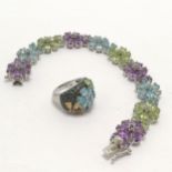 Silver multi stone set bracelet (18cm) + ring both with flower detail - 35g total weight