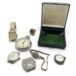Silver & marcasite ladies watch (missing stones), ring watch, 4 wristwatches (1 silver), Smiths