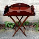 Antique mahogany butlers tray on stand 73cm x 55cm with the sides folded up- has a repair to the