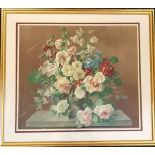 Framed Still Life print of cottage garden flowers in a classical urn by Harold Clayton. 83 cm wide x