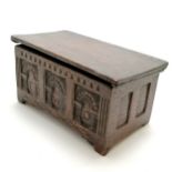 Antique hand carved box in the form of a small coffer with triple arched detail to front - 17cm x