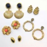 5 x gold tone pairs of large scale earrings - largest cockle shell earrings are 9.5cm drop