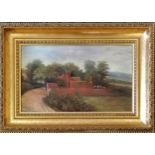 Gilt framed oil on board painting of a country house - frame 44cm x 31cm