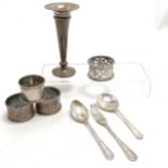 Quantity of silver hallmarked items incl napkin rings, spill vase 13cm high, cutlery etc- some A/