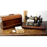 Antique walnut cased sewing machine by C S Jones Family, T Witcombe Chippenham, t/w it's original