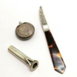 Silver posy holder by Robert Pringle (6cm - dents), silver handled paper knife & pendant pill box (