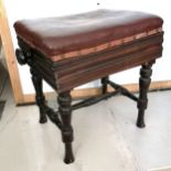 Antique adjustable piano stool on turned supports, with faux leather upholstery, 54 cm wide, 47 cm