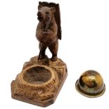 Black forest carved Hiking bear ashtray with brass ashtray, 13 cm high 8 cm wide, 11 cm deep, part
