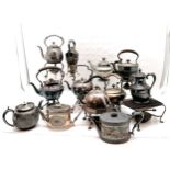 A quantity of silver plated spirit kettles , 1 missing burner, t/w 4 silver plated teapots and a hot