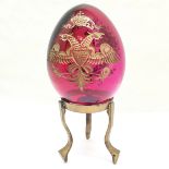 Russian red glass egg on stand total height 33cm- no obvious damage