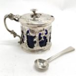 1851 London silver hallmarked lidded mustard pot 8cm high x 7cm diameter with original blue glass
