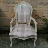 Open arm white painted boudoir chair with check fabric upholstery