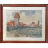Framed watercolour painting of some buildings by the waterside by (David?) Sykes - 52cm x 63cm
