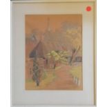 1963 mixed media painting of a church signed McK - 55cm x 44.5cm