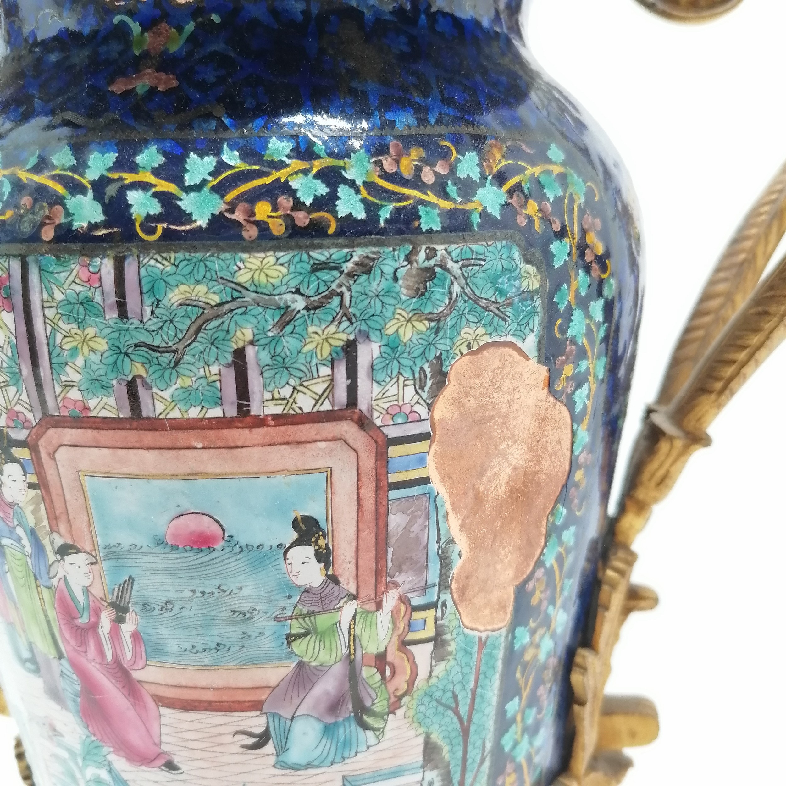 Antique Chinese Cantonese enamelled vase with French ormolu mounts - 35cm high missing it's lid - Image 3 of 8
