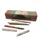 Hand painted pencil box containing Sampson Mordan pencil, "Swan" Mabie Todd silver fountain pen (