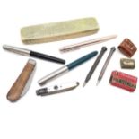 2 Parker pens , propelling pencils x2, mother of pearl & silver penknife, wooden pocket knife CK