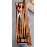 Antique W Mark croquet set in original box containing 7 mallets, 5 balls and 6 hoops- box 114cm long