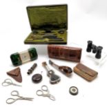 Boxed ebony manicure set, small opera glasses, Europa travelling alarm clock, 2 miniature musical