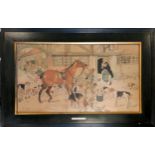 Framed hunting chromolithograph 'The close of a good day' by Nora Drummond-Davis (1862-1949) -