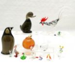 Glass duck 14cm high, penguin A/F, paperweight as an orange, glass fish T/W a quantity of glass