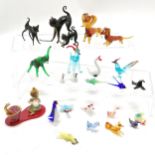 Qty of glass miniature animals inc snake charmer + cobra in basket, cats, birds etc