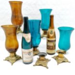 3 blue soda glass hurricane lamps on brass bases, 2 amber coloured similar, spare base, t/w 2