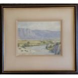 Framed watercolour painting of a Swiss (?) river & mountains by Edmond Georges Reuter (1845-