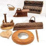 Qty of woodware inc model boat, carved circular mirror (27cm), spool etc in a basket (signs of old