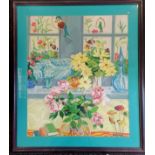Framed large contemporary watercolour of roses in a window with fish and parrots signed Giltsoff