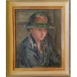 Framed oil on canvas painting of a lady wearing a hat in a R Nicola french frame - frame 56cm x 46.