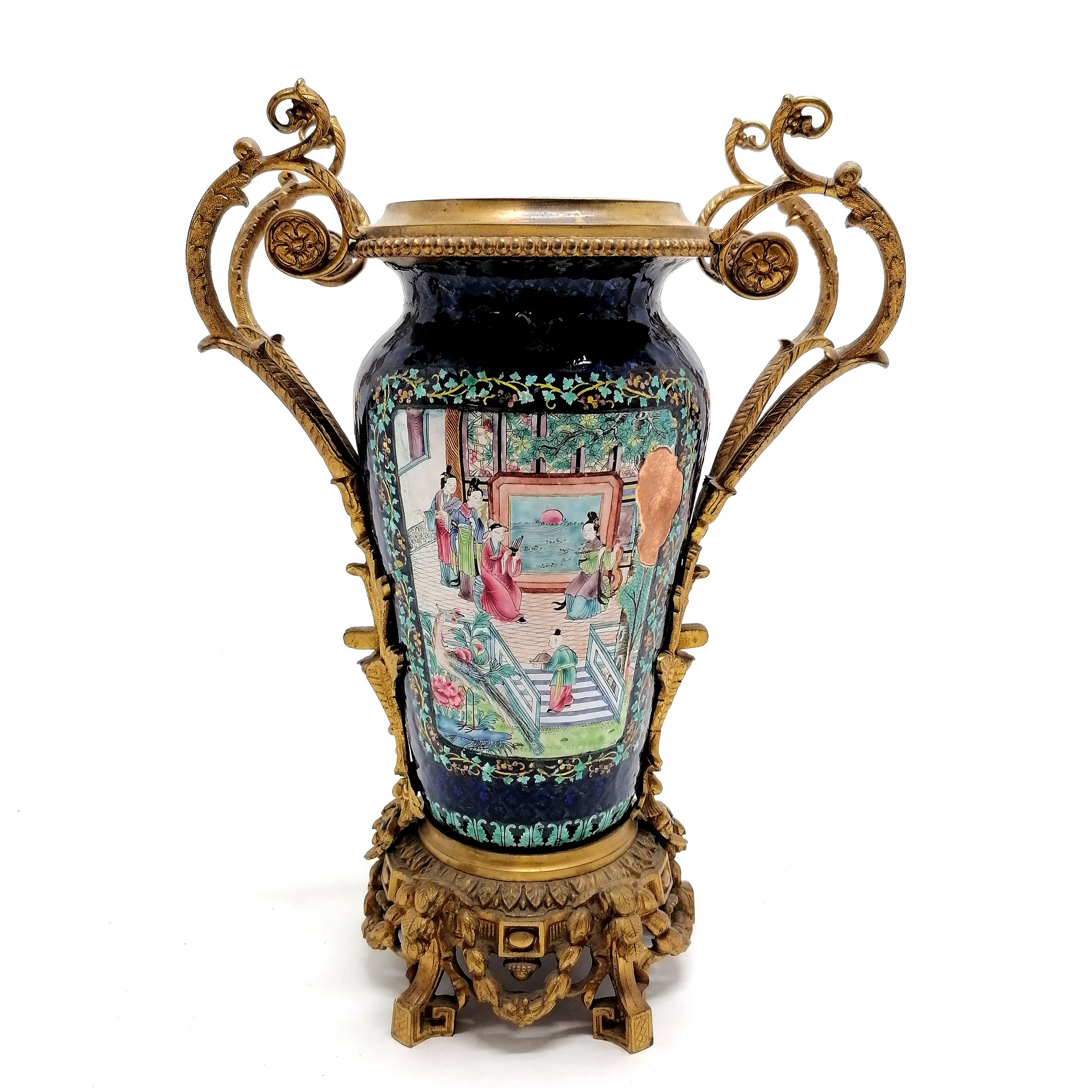 Antique Chinese Cantonese enamelled vase with French ormolu mounts - 35cm high missing it's lid